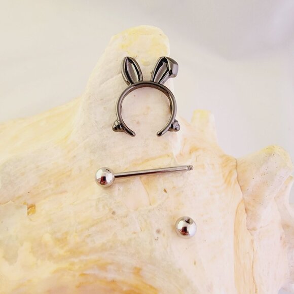14G Black Bunny Rabbit Stainless Steel Nipple Shield piercing jewelry - Picture 4 of 5
